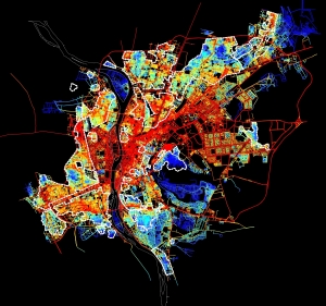 Spatial accessibility map for the urban agglomeration within the Ring RD. Red means integrated and accessible, while blue is segregated. 